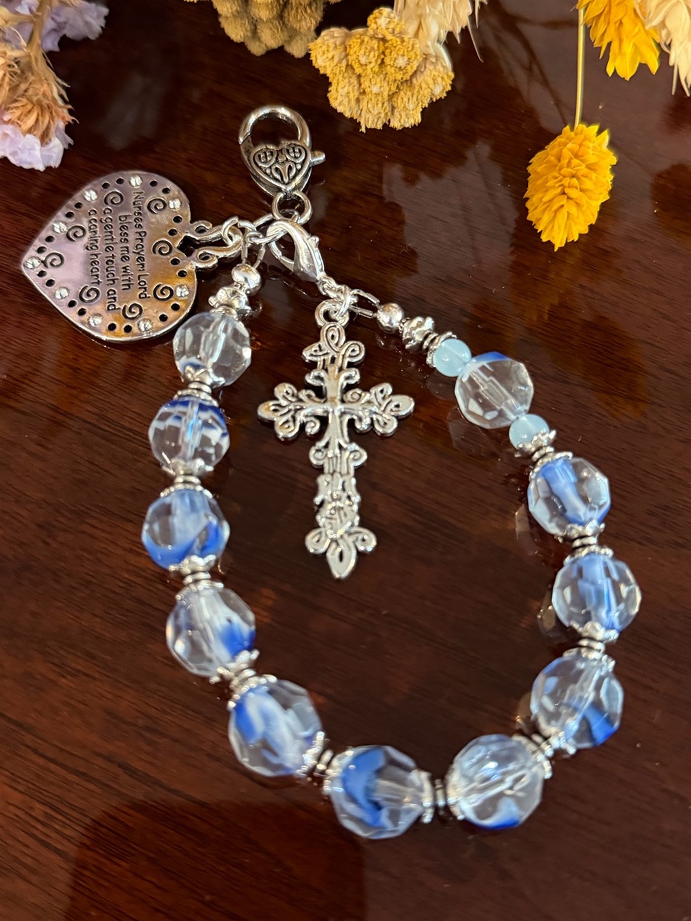 NEW Silver Cross and NURSE Heart Charm Blue Beaded Handbag Accessory